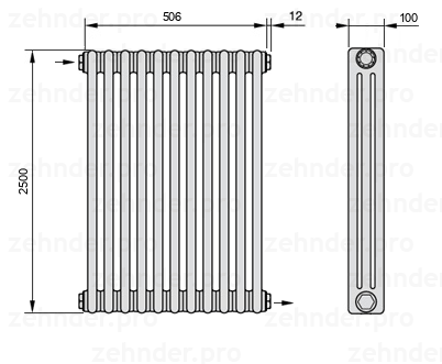 Схема (чертеж) Радиатор Zehnder Charleston 3250/11 №1670 Белый глянцевый RAL 9016